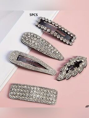💎 5 Large Crystal Rhinestone Hair Clip Set - Silver Sparkle